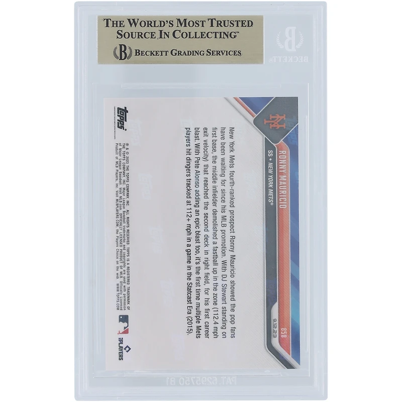 Ronny Mauricio New York Mets 2023 Topps Now Call-Up #858 BGS Authenticated 10 Card - 10,10,10,9.5 Subgrades