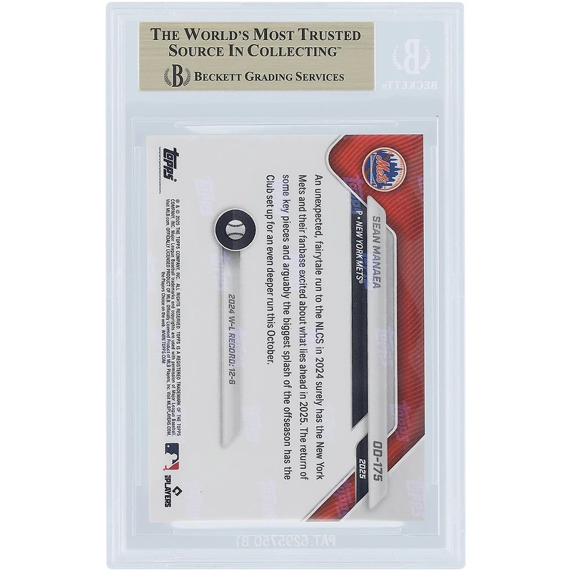 Carte Sean Manaea des Mets de New York 2025 Topps Now Road to Opening Day #OD-175, authentifiée par BGS (10 cartes) - Sous-notes : 10, 10, 10, 9,5