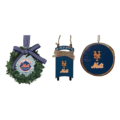 The Memory Company New York Mets Three-Pack Wreath, Sled & Circle Ornament Set