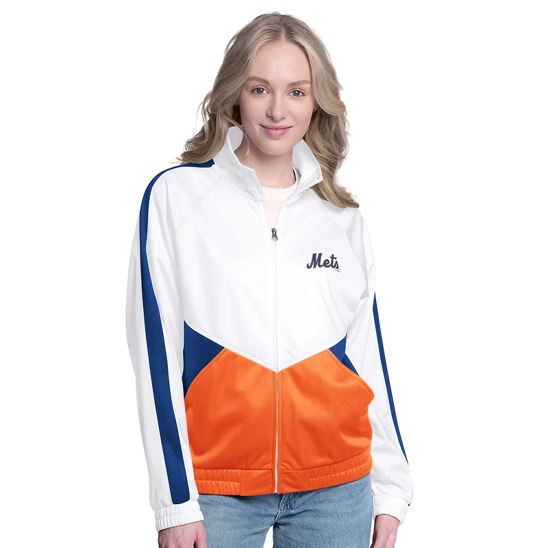 Veste de survêtement à fermeture éclair intégrale G-III Sports by Carl Banks pour femme, blanche/bleue, motif raglan Rally Rhinestone des New York Mets