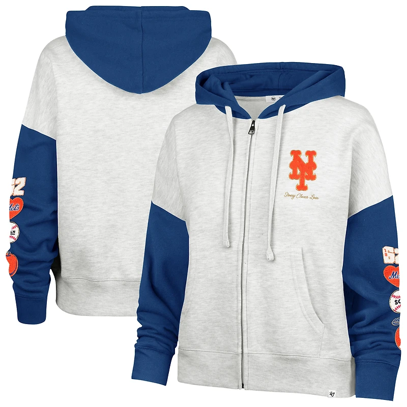 Sweat à capuche zippé pour femme '47 x Stoney Clover Lane, gris chiné/bleu royal, New York Mets.