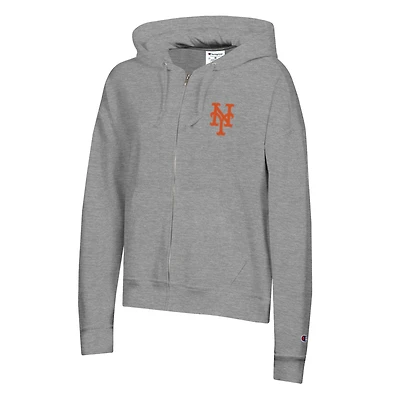 Sweat à capuche zippé Champion pour femme, gris chiné, New York Mets, en polaire Powerblend.