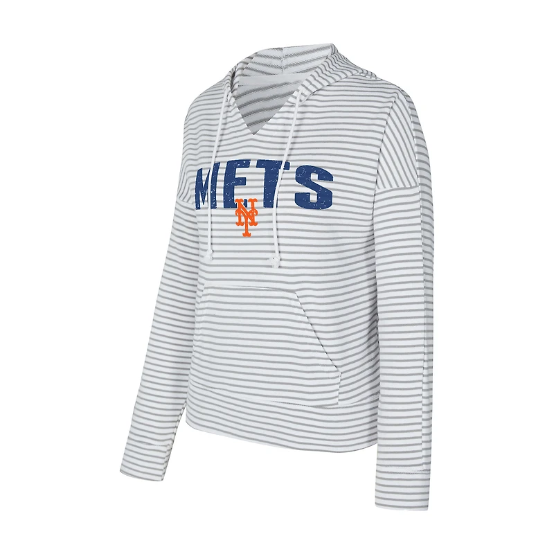 Women's Concepts Sport White/Gray New York Mets Liftoff Striped V-Neck Hoodie