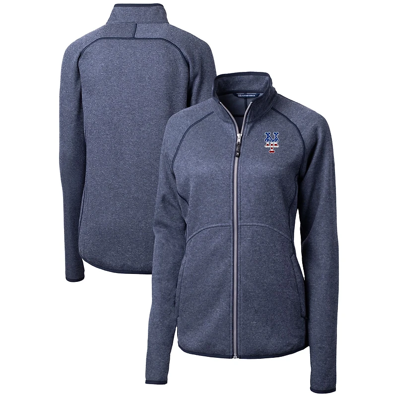 Women's Cutter & Buck Heather Navy New York Mets Americana Logo Mainsail Sweater-Knit Full-Zip Jacket