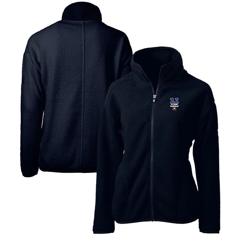Veste polaire zippée intégrale en sherpa écologique avec logo Americana Cascade des New York Mets pour femme, bleu marine, Cutter & Buck