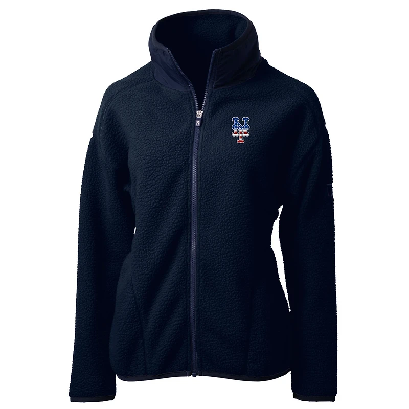Veste polaire zippée intégrale en sherpa écologique avec logo Americana Cascade des New York Mets pour femme, bleu marine, Cutter & Buck