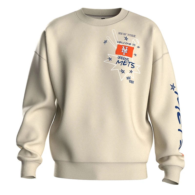 Sweat-shirt polaire beige à motif graffiti des Mets de New York pour femme, la marque Fanatics.