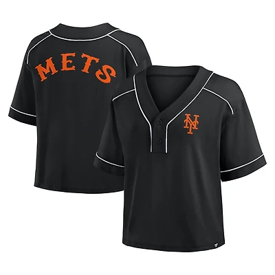 Women's Fanatics Black New York Mets Oversized Champ Game Cropped V-Neck T-Shirt