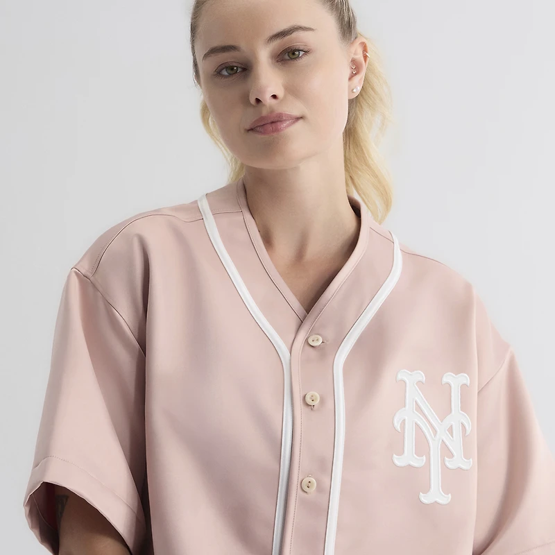 Women's Fanatics Faded Rose New York Mets Iconic Full-Button Satin Baseball Top