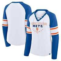 T-shirt à manches longues et col en V lacets raglan pour femme, blanc/bleu marine, motif Blitz des New York Mets