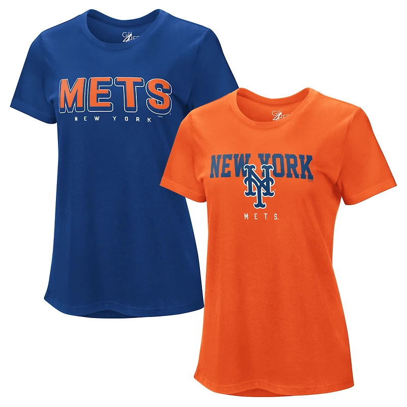 Lot de deux t-shirts G-III 4Her pour femme par Carl Banks, bleu royal/orange, des Mets New York