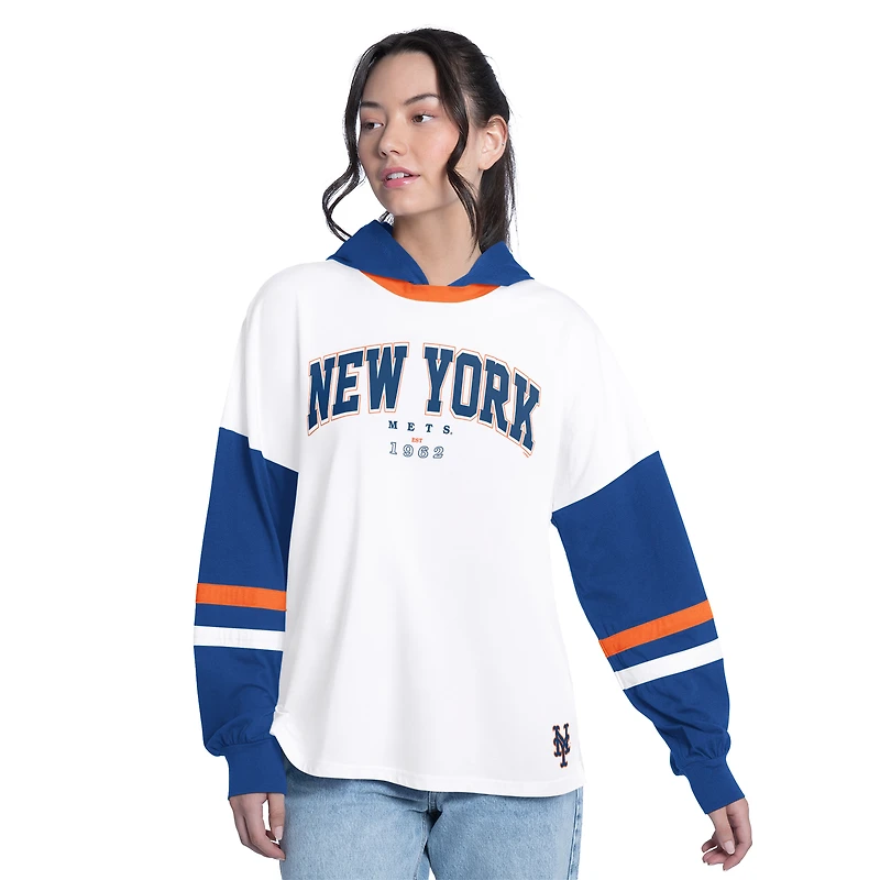 Women's G-III 4Her by Carl Banks White/Royal New York Mets Key Player Oversized Hooded Long Sleeve T-Shirt