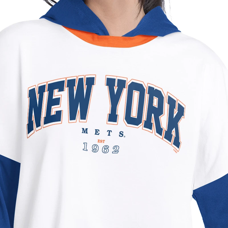 Women's G-III 4Her by Carl Banks White/Royal New York Mets Key Player Oversized Hooded Long Sleeve T-Shirt