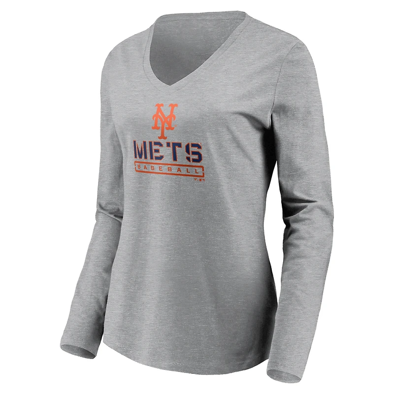 T-shirt gris à manches longues et col en V pour femme