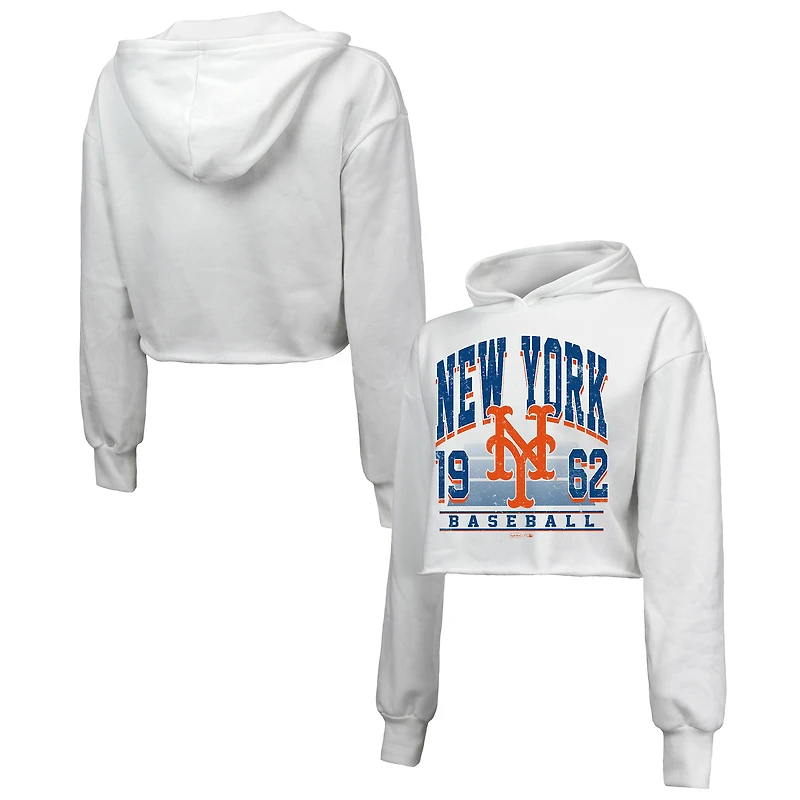 Sweat à capuche court blanc Majestic Threads pour femme, motif tri-mélange, New York Mets