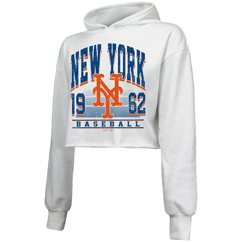 Sweat à capuche court blanc Majestic Threads pour femme, motif tri-mélange, New York Mets