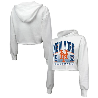 Sweat à capuche court blanc Majestic Threads pour femme, motif tri-mélange, New York Mets
