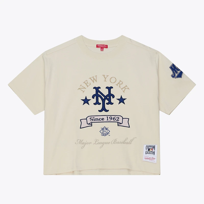 Women's Mitchell & Ness Cream New York Mets Cooperstown Yacht Rock Boxy Cropped T-Shirt