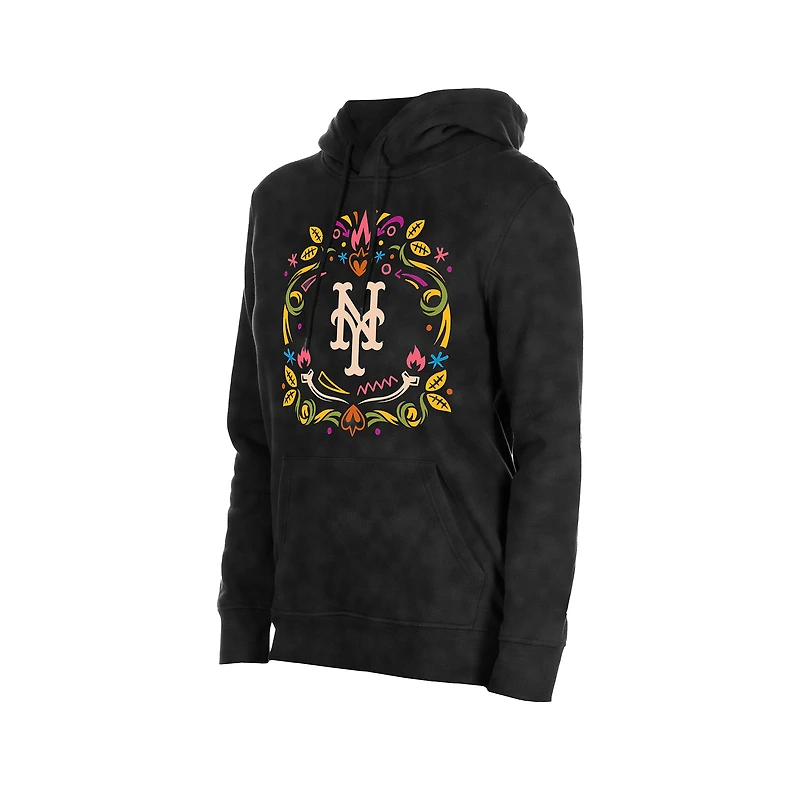 Sweat à capuche noir New Era pour femme, motif minéral délavé, York Mets, Día de Muertos