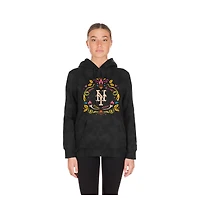 Sweat à capuche noir New Era pour femme, motif minéral délavé, York Mets, Día de Muertos