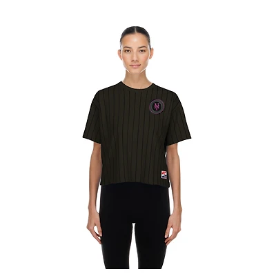 Women's New Era Charcoal York Mets City Connect Throwback Meshback Pinstripe Boxy T-Shirt