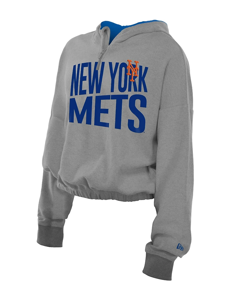Sweat à capuche court bandes et fermeture éclair quart de tour New Era gris chiné York Mets pour femme
