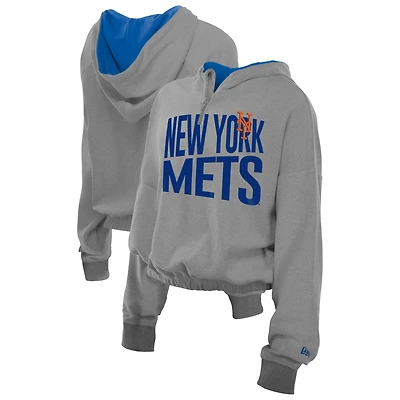 Sweat à capuche court bandes et fermeture éclair quart de tour New Era gris chiné York Mets pour femme