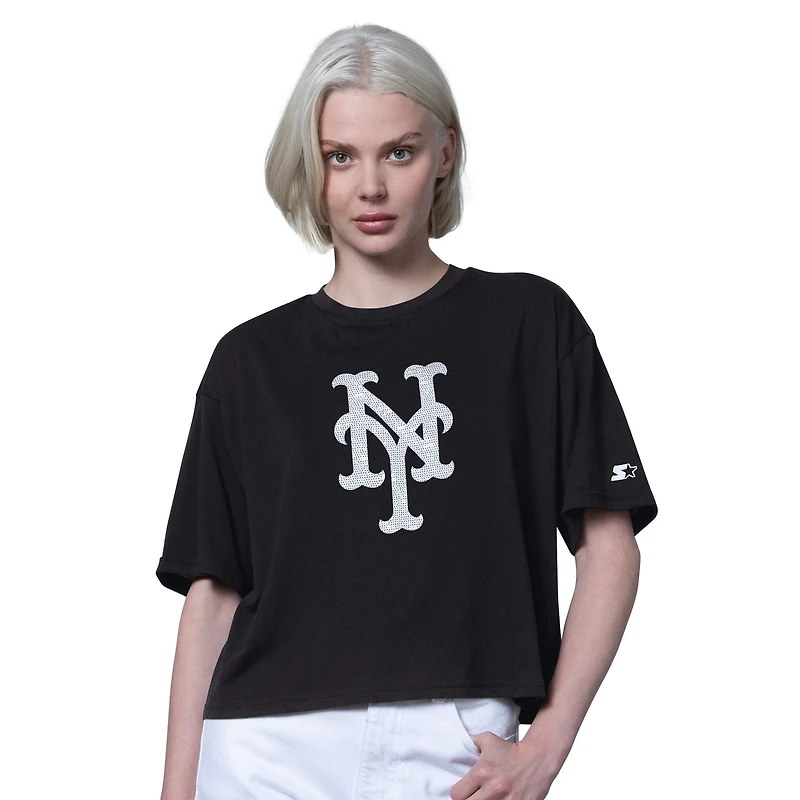 Women's Starter Black New York Mets Holy Grail Boxy Cropped T-Shirt
