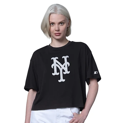 Women's Starter  Black New York Mets Holy Grail Boxy Cropped T-Shirt
