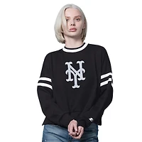 Sweat-shirt court à épaules tombantes et col rond Starter noir pour femme, New York Mets Rally