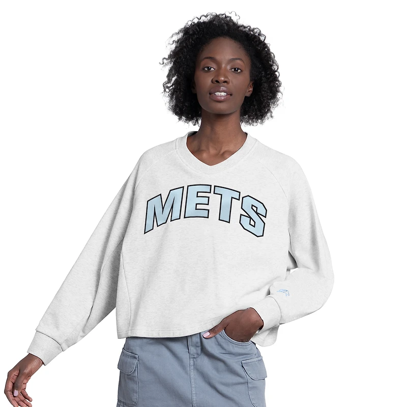 Sweat-shirt court à col en V Starter gris pour femme, New York Mets Show Up Fashion
