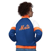 Veste de survêtement Starter blanche et orange pour femme, motif New York Mets Teamwork, à manches raglan fermeture éclair intégrale.