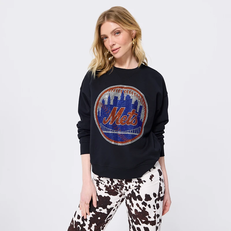 Sweat-shirt à col rond Terez noir pour femme, orné du logo en pierre précieuse des Mets de New York