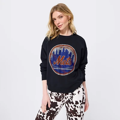 Women's Terez  Black New York Mets Gemstone Logo Crewneck Sweatshirt