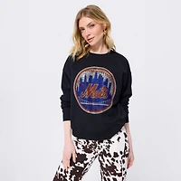 Women's Terez  Black New York Mets Gemstone Logo Crewneck Sweatshirt