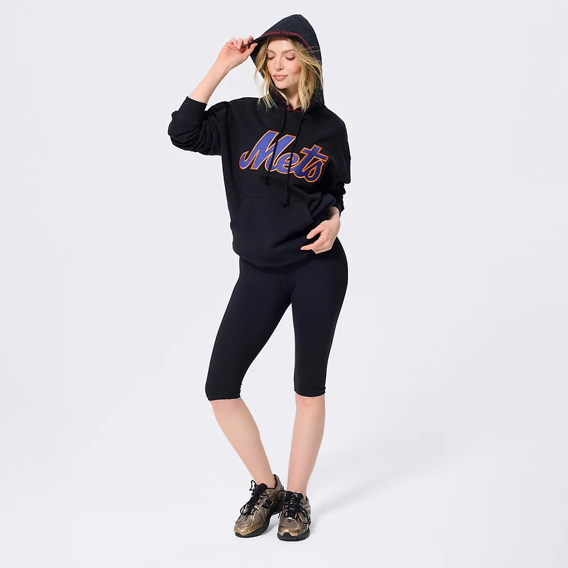 Sweat à capuche Terez noir pour femme, motif New York Mets, broderies en spirale, style baseball.
