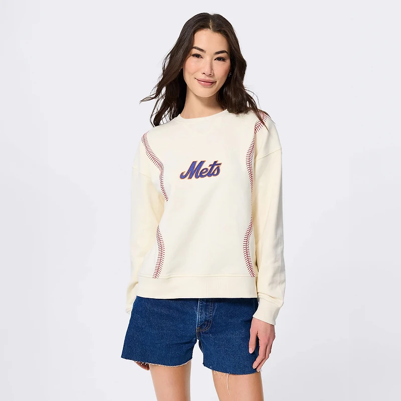 Sweat-shirt à col rond Terez crème pour femme, motif New York Mets, manches courtes.
