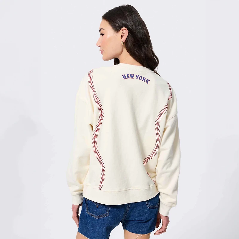 Sweat-shirt à col rond Terez crème pour femme, motif New York Mets, manches courtes.