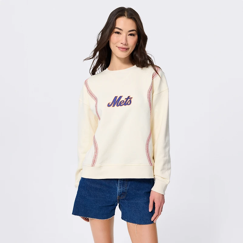 Sweat-shirt à col rond Terez blanc pour femme, motif New York Mets, broderies en spirale, style baseball.