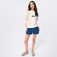 Sweat-shirt à col rond Terez blanc pour femme, motif New York Mets, broderies en spirale, style baseball.