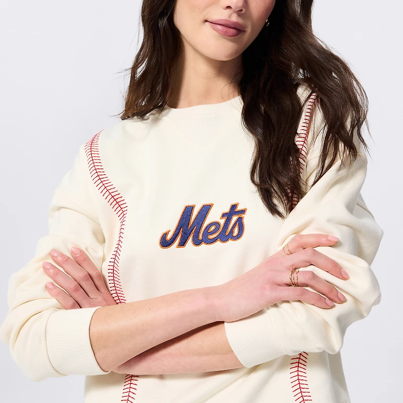 Women's Terez White New York Mets Swizzle Baseball Stitch Crewneck Sweatshirt