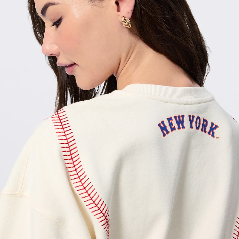 Sweat-shirt à col rond Terez blanc pour femme, motif New York Mets, broderies en spirale, style baseball.