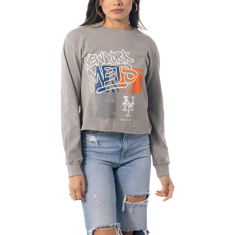 T-shirt court à manches longues pour femmes The Wild Collective, gris, New York Mets