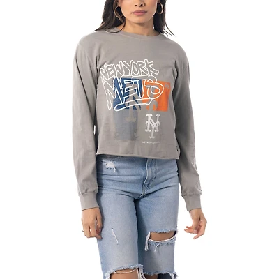 T-shirt court à manches longues pour femmes The Wild Collective, gris, New York Mets