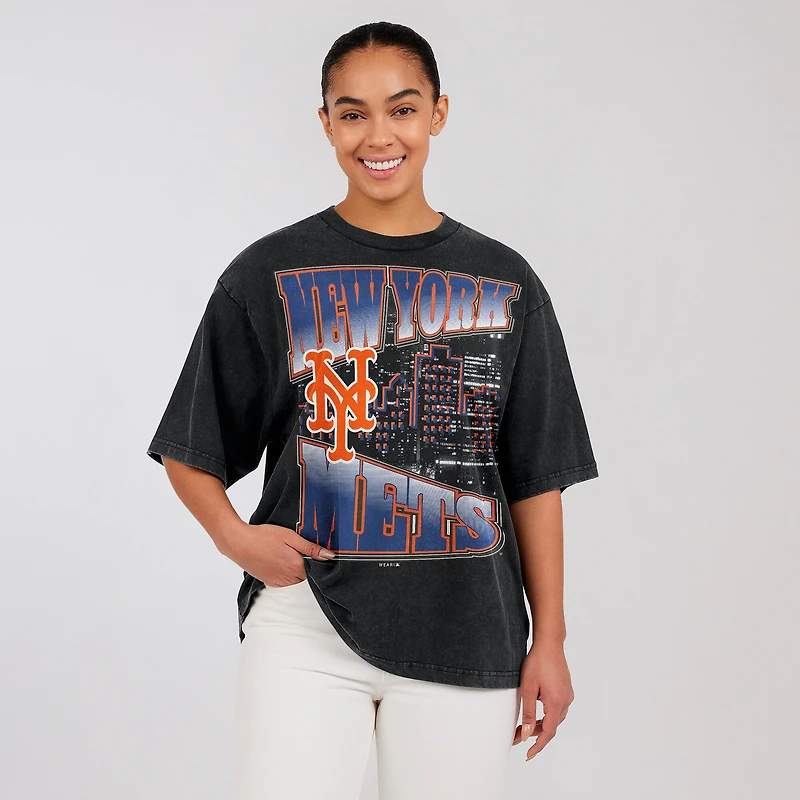Women's WEAR by Erin Andrews Black New York Mets Oversized Skyline Boyfriend T-Shirt