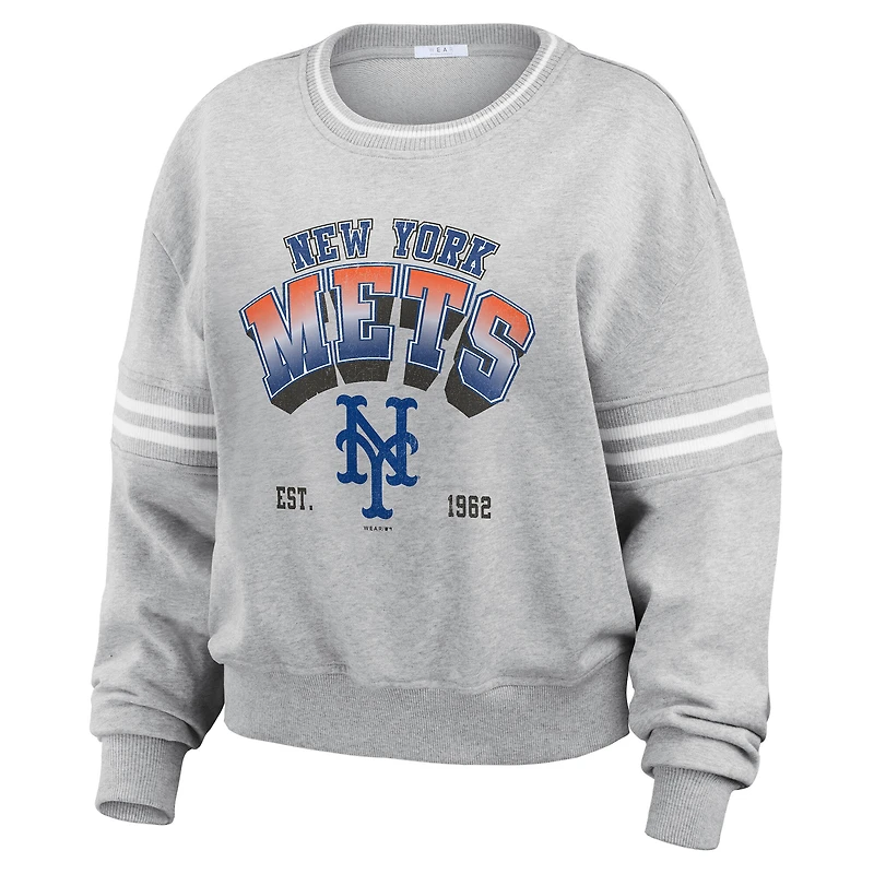 Sweat-shirt en molleton rayé gris à manches des Mets de New York pour femme WEAR by Erin Andrews