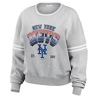 Sweat-shirt en molleton rayé gris à manches des Mets de New York pour femme WEAR by Erin Andrews