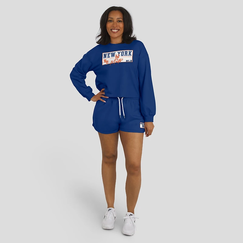 Women's WEAR by Erin Andrews Royal New York Mets Heavy Rugby Jersey Cropped Long Sleeve T-Shirt & Shorts Lounge Set