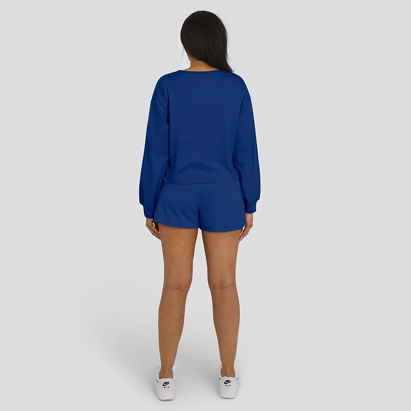 Women's WEAR by Erin Andrews Royal New York Mets Heavy Rugby Jersey Cropped Long Sleeve T-Shirt & Shorts Lounge Set