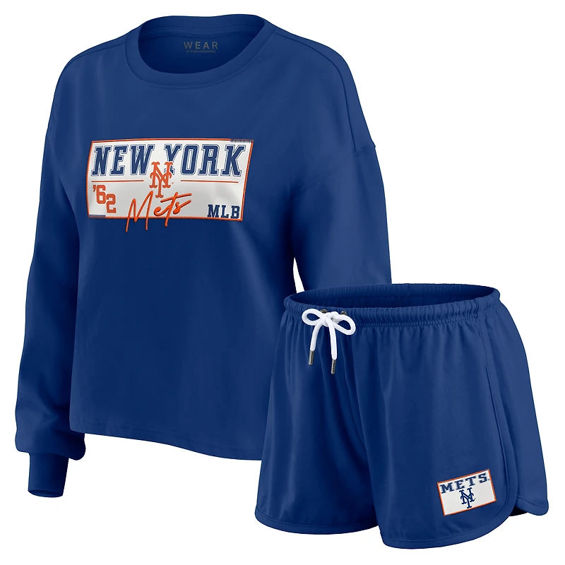 Women's WEAR by Erin Andrews Royal New York Mets Heavy Rugby Jersey Cropped Long Sleeve T-Shirt & Shorts Lounge Set